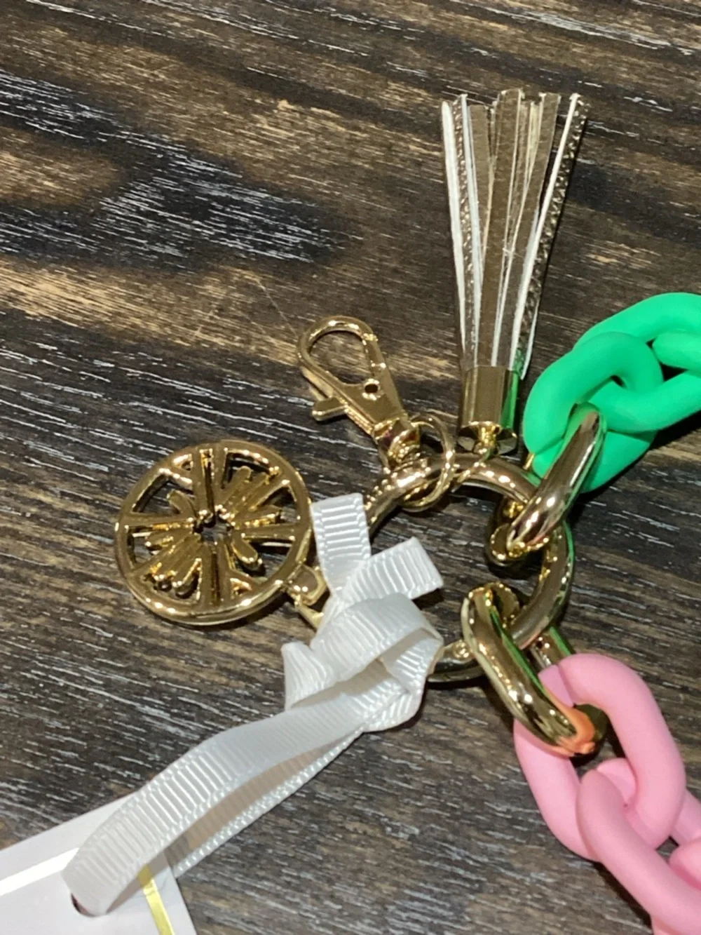 Lilly Pulitzer Spearmint Green Conch Shell Pink Chain and Gold Tassel Keychain
